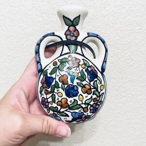 Portuguese Ceramic Art Pottery Floral Vintage 5” Flask style small vase wall art